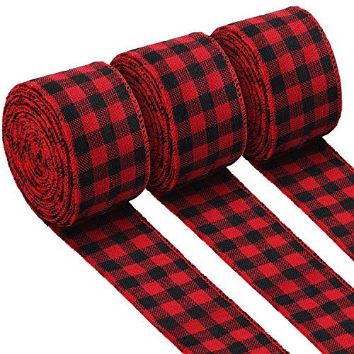 BOAO 3 Rolls Buffalo Plaid Ribbon Christmas Wired Edge Ribbon Check Burlap Ribbon for Gift Wrapping, Crafts Decoration (2.4 by 315