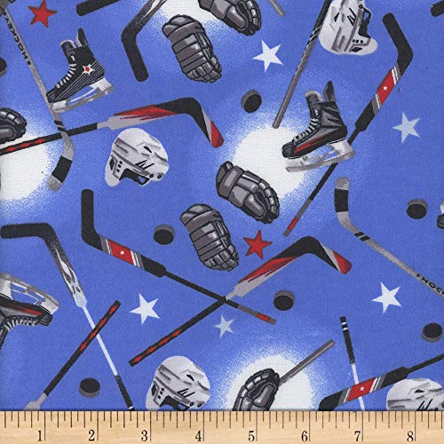 Mook Fabrics Mook Flannel Hockey Stick Helmets Pucks Blue Quilt Fabric
