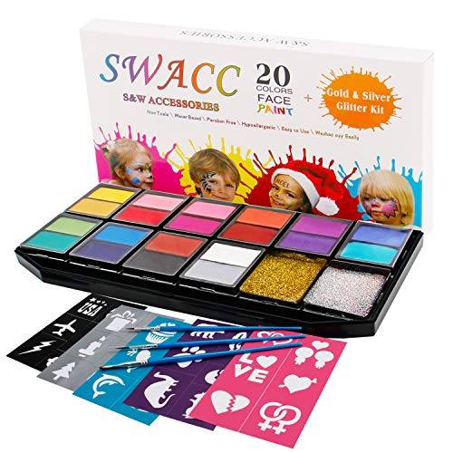 SWACC Face Paint Kits for Kids - 20 Washable Colors + Gold & Silver Glitter  + 30 Stencils + 3 Brushes -Safe Face & Body