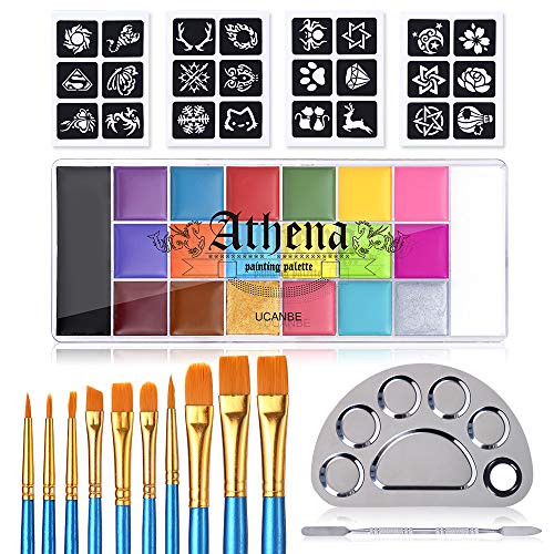 UCANBE Face Body Paint All-in-1 Set - Athena 20 Colors Face Painting  Palette, 10 Professional Artist Brushes, 24 Stencils 