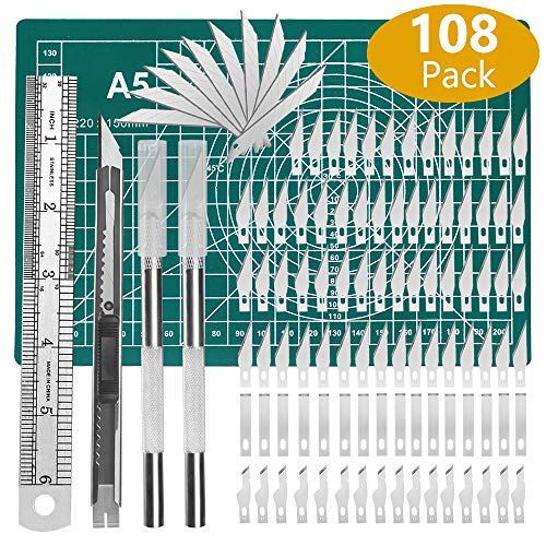DUJISO 108 PCS Precision Cutter Carving Craft Hobby Knife Kit Includes Hobby Knife and Blades Stainless Steel Ruler Cutting