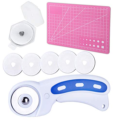 Zmaagg 45mm Rotary Cutter with 5 Pcs Rotary Cutter Blades and A5 Cutting Mat, Rotary Cutter for Fabric, Rotary Cutter Set for