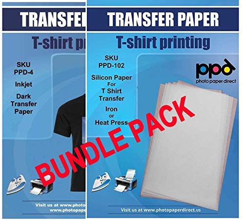 Photo Paper Direct PPD Inkjet Bundle Iron-On Dark T Shirt Transfers Paper LTR 8.5x11" pack of 10 Sheets + PPD Silicon Papers for T Shirt