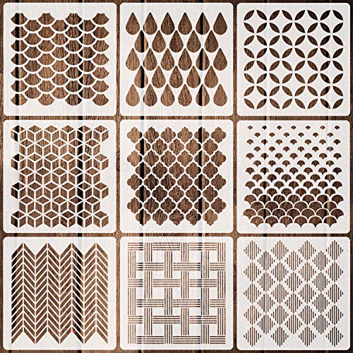 Coocamo 9 Pack Geometric Stencils 7.9'' x 7.9'' Reusable Art Templates for  Painting on Walls Canvas