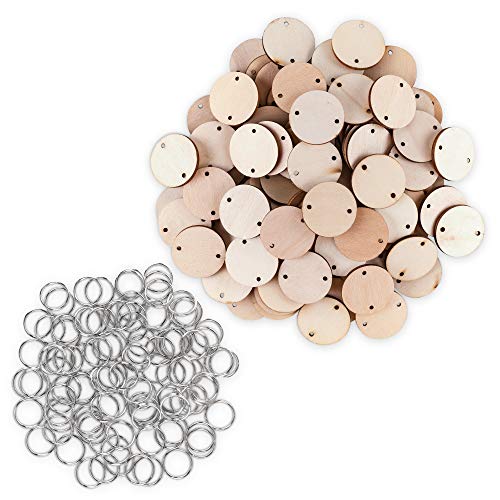 Super Z Outlet 100 Wood Rounds and 100 Key Rings Wooden Circle Discs with Holes and Ring Clips for Birthday Board Tags, Homemade DIY Gifts,