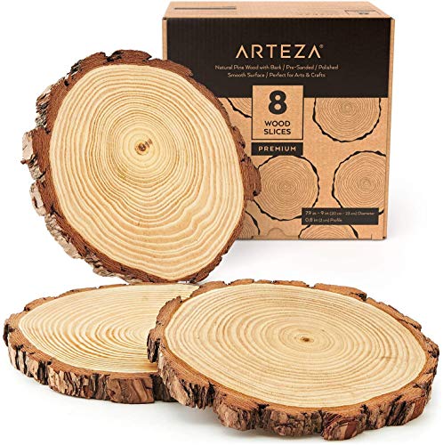 Arteza Natural Wood Slices, 8 Pieces, 7.9-9 Inch Diameter, 0.8 Inch  Thickness, Round Wood Discs for Crafts, Centerpieces 