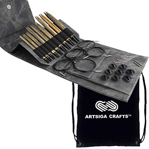 Lykke Knitting Needles Interchangeable Set Driftwood Long Set Grey Denim Faux Leather Bundle with Artsiga Crafts Project Bag