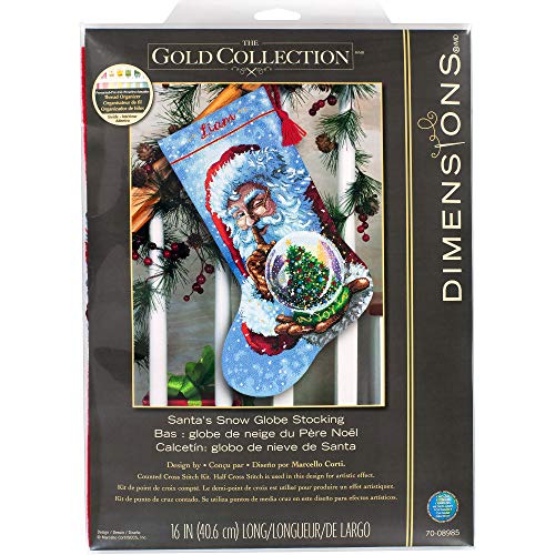 Dimensions 70-08985, 16" Long Gold Collection Santa's Snow Globe Counted Cross Stitch Christmas Stocking, 14 Gray Aida
