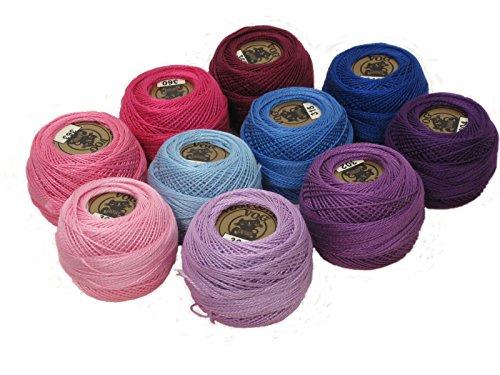 Vog Perle Cotton Size 8 Embroidery Threads - Set of 10 Balls (10gr Each) - Pink, Purple and Blue Shades (Set No. 1)