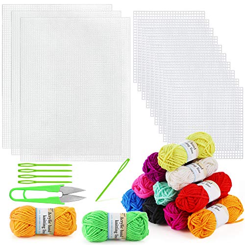 Pllieay 33 Pieces Mesh Plastic Canvas Sheets Kit Including 15 Pieces Clear Plastic Canvas, 12 Color Acrylic Yarn and