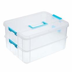 BTSKY 2 Layer Stack & Carry Box, Plastic Multipurpose Portable Storage Container Box Handled Organizer Storage Box for
