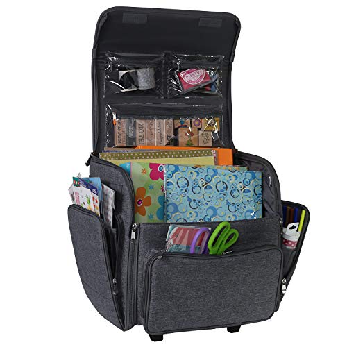 Everything Mary Deluxe Collapsible Rolling Craft Case, Heather - Scrapbook Tote Bag w/Wheels for Scrapbooking & Art - Travel
