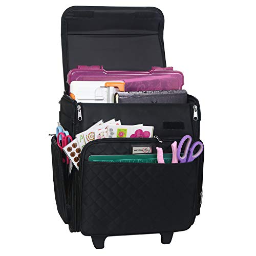 Everything Mary Collapsible Rolling Craft Bag, Black Quilted - Tote with Wheels for Scrapbook & Art Storage - Organizer Case