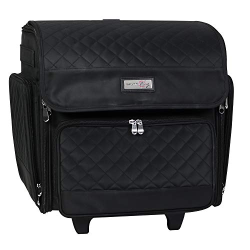Everything Mary Deluxe Collapsible Rolling Craft Case, Black Quilted - Scrapbook Tote Bag w/Wheels for Scrapbooking & Art -