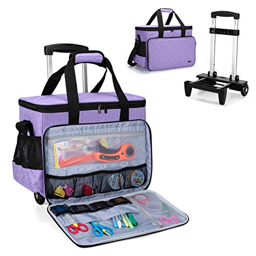 Yarwo Rolling Scrapbook Tote Bag with Wheels, Detachable Trolley Craft Carrying Case with Removable Bottom Wooden Board for