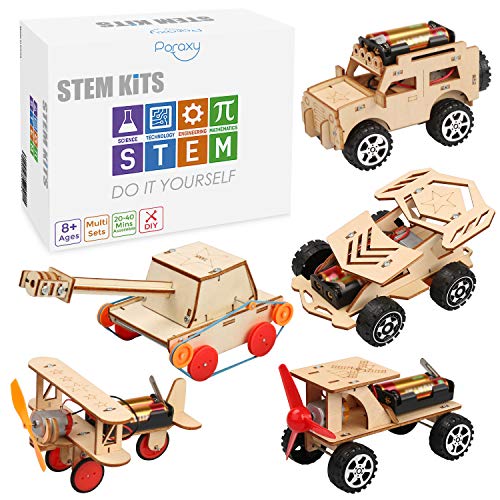 Poraxy 5 in 1 STEM Kit, Wooden Mechanical Model Cars Kits,Motorized Construction Engineering Set, Assembly Constructor 3D Building