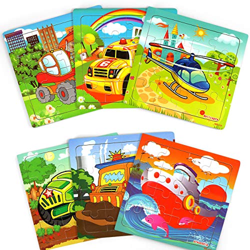 Vileafy Easy Wooden Jigsaw Kids Puzzles, Mini Car Puzzles for Toddles Ages 2-4 Years Old, 6-Pack Children Puzzles 16 Piece, Early