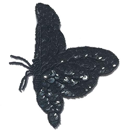 GOWA Flying Butterfly Beaded Sequined Sew-On Applique (Black)