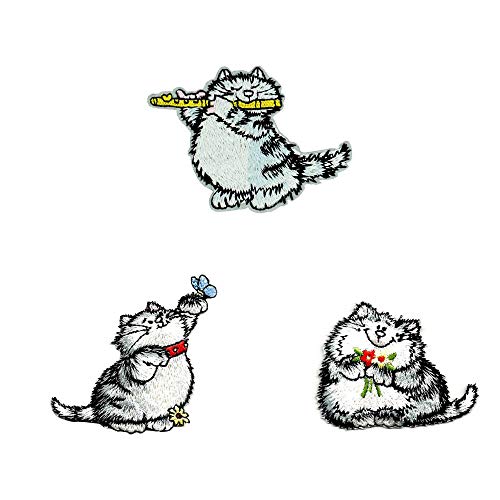 Cute-Patch Cat Kitten Playing Flute Kawaii Butterfly Embroidered Iron on sew on Patch Animal Badge
