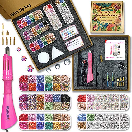worthofbest Hotfix Applicator, Hot Fixed Rhinestone Applicator Tool Kit,  Bigger and More Gems Wand Setter for Clothes, 19 Colors, 7 Tips