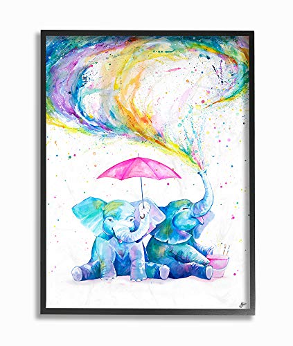 Stupell Industries Rainbow Watercolor Spraying Elephants with Pink Umbrella Black Framed Wall Art, 16 x 20, Multi-Color