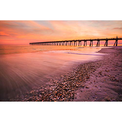 TravLin Photography Pensacola Beach Photography, Sunset View of Pensacola Beach Pier with Seashells After Heavy Storms, Florida Photo Print, Gulf