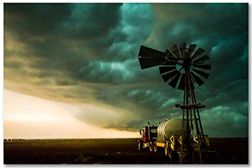 Southern Plains Photography Western Wall Art Photography Print - Picture of Old Windmill and Truck Under Teal Storm Clouds in Oklahoma - Unframed Rustic