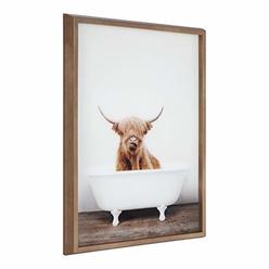 Kate and Laurel Blake Highland Cow in Tub Framed Printed Glass Art by Amy Peterson, 18x24 Dark Gold, Beautiful Modern Glass