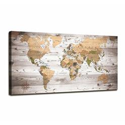 Moyedecor Art World Map Wall Art for Office Vintage Wood Grain World Map Poster Canvas Prints with Your Photos Nautical Decor Modern Framed