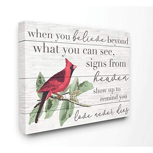 Stupell Industries Believe Love Never Dies Inspirational Cardinal Bird Word Canvas Wall Art, 16 x 20, Design by Artist Daphne
