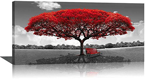 Pogusmavi Large Black and White Picture Wall Art Framed Canvas Print Red Tree Bench Decor Modern Artwork for Living Room Bedroom Home