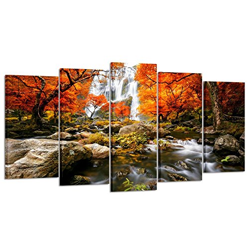 Kreative Arts - Autumn Forest Waterfalls 5 Piece Modern Wrapped Giclee Canvas Prints Artwork Landscape Tree Paintings