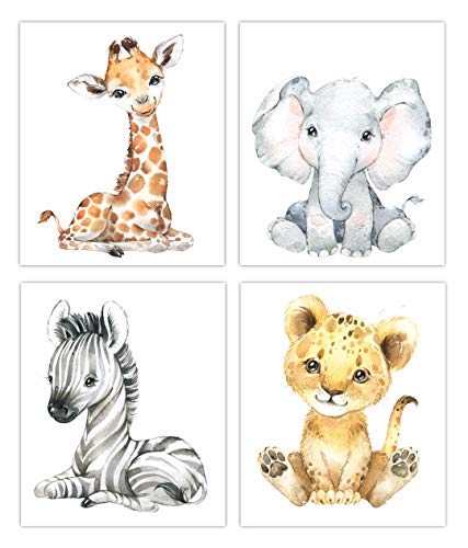 Designs by Maria Inc. Safari Babies Watercolor Animals Prints Set of 4  (Unframed) Nursery Decor Art (