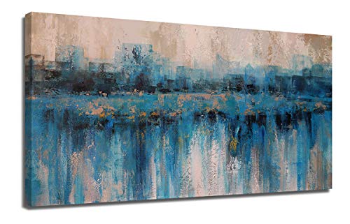 Arjun Canvas Wall Art Abstract Large Size Modern Blue Grey Themes Cityscape Textured Painting One Panel Framed 40"x20" Artwork