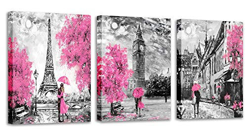 Amosiwallart Black and White Wall Art Girls Pink Paris Theme Canvas Prints Eiffel Tower Wall Paintings London Big Ben Pictures for Bedroom