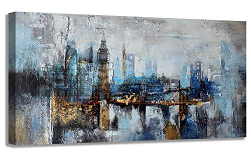 Pogusmavi Large Wall Art Abstract City View Canvas Art Wall Decor for Living Room Modern Home Decor Gray Blue Buildings Prints for