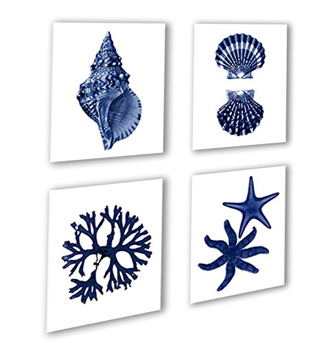 Gnosis Picture Archive Navy Blue Beach Wall Art Decor Set of 4 Unframed Prints Coastal Home Decor