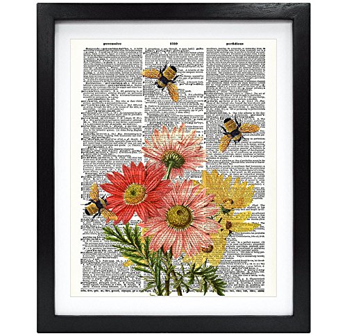 Susie Arts 8X10 Unframed Bees with Flowers Upcycled Vintage Dictionary Art Print Book Art Print Home Decor Wall Art V116