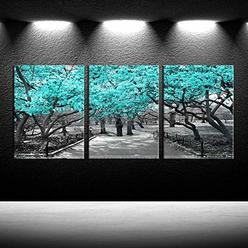 iKNOW FOTO 3 Pieces Canvas Wall Art for Bedroom Black White and Teal Cherry Blossom Trees Picture Giclee Prints Home Decor