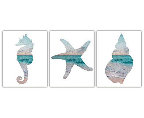 Buzz Unplugged Starfish, Seahorse & Sea Shell Wall Art Print: Unique Beach House Decor - Set of Three (8x10) Unframed Pictures - Great Gift
