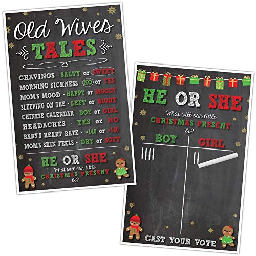 Katie Doodle Christmas Gender Reveal Party Supplies - Old Wives Tales & Cast Your Vote Gender Reveal Game Christmas Theme Posters - 11x17