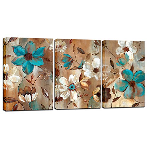 Biuteawal - Abstract Flower Painting on Canvas Wall Art Blue White Floral Picture Print Contemporary Decorative Artwork