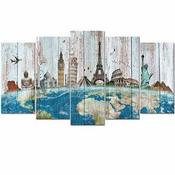 Welmeco Large 5 Pieces Wonders of The World Map Picture on Rustic Green Wood Textured Background Canvas Prints Premium Travel