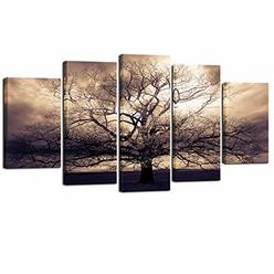 sechars - 5 Piece Large Canvas Wall Art Sepia Tree of Life Picture Photo Art Print on Canvas Mysterious Fantasy Forest