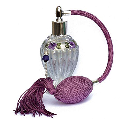 Goddess Arts Collection Vintage Style Victorian Glass Perfume Bottle Atomizer Bulb with Tassel Hand Painted Lavender Roses Romantic Decor