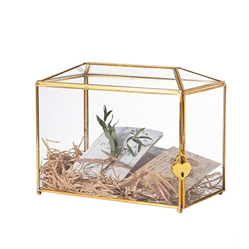 Ncyp Large Geometric Glass Card Box Terrarium with Slot and Heart Lock, Foot, Gold, Handmade, Brass,for Wedding Receiption,