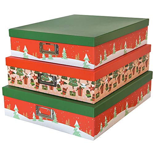 Soul & Lane Decorative Christmas Storage Cardboard Boxes with Lids | Festive Trees - Set of 3 | Paperboard Nesting Boxes for