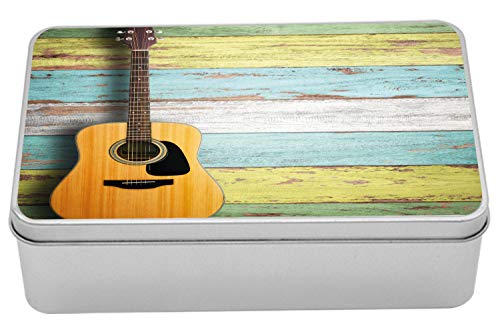 Ambesonne Music Tin Box, Acoustic Guitar on Colorful Painted Aged Wooden Planks Rustic Country Design Print, Portable