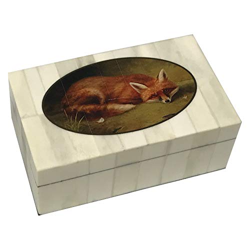 Schooner Bay Co. Print of Red Fox and Feathers Oil Painting on Lid of Bone Box Antique Vintage Style for Home Equestrian DÃ©cor Theme for