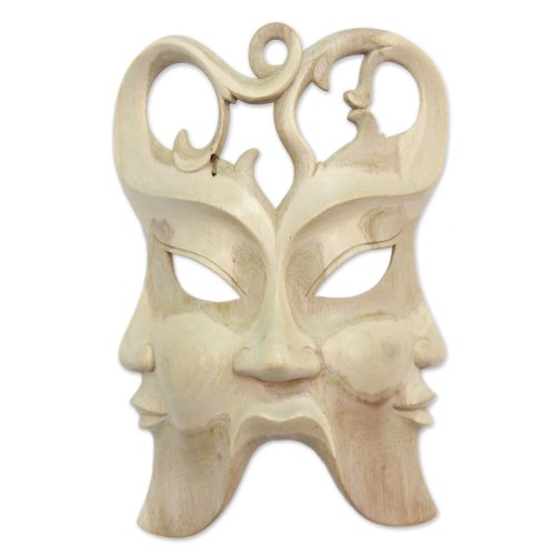 NOVICA Decorative Modern Hibiscus Wood Mask, Beige, in Three Directions'